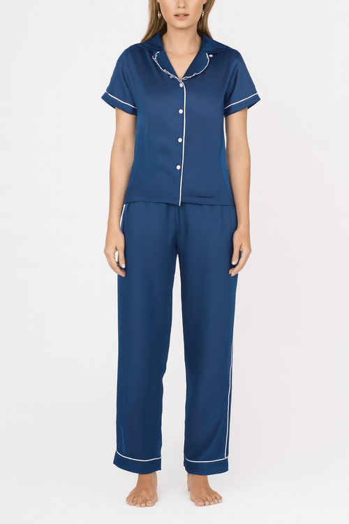 PIJAMA CONJUNTO MANGA CORTA + PANTALON SEDA AZUL