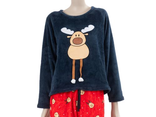 ROPA PIJAMA DAMA CONJUNTO MANGA LARGA + PANTALON POLAR PINGUINO GRIS PACK X1