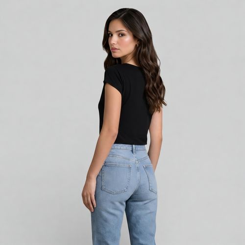 ROPA CASUAL DAMA CAMISETA CUELLO REDONDO MODA RIB NEGRO PACK X1