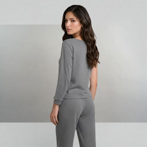 ROPA PIJAMA DAMA CONJUNTO MANGA LARGA + PANTALON BASICO  PLOMO JASPE PACK X2